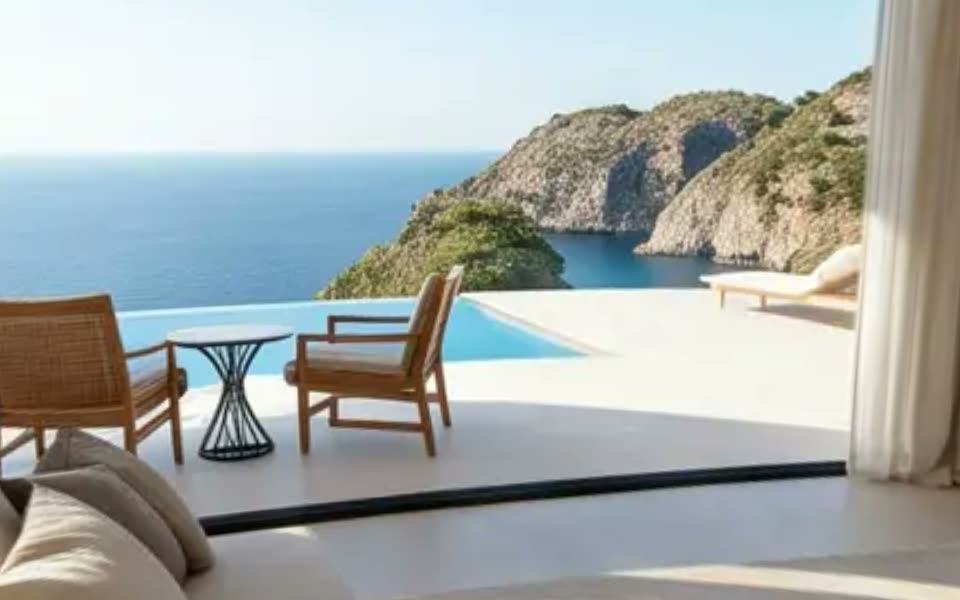 The living room of a villa looking out to sea, as it appears on a listing.